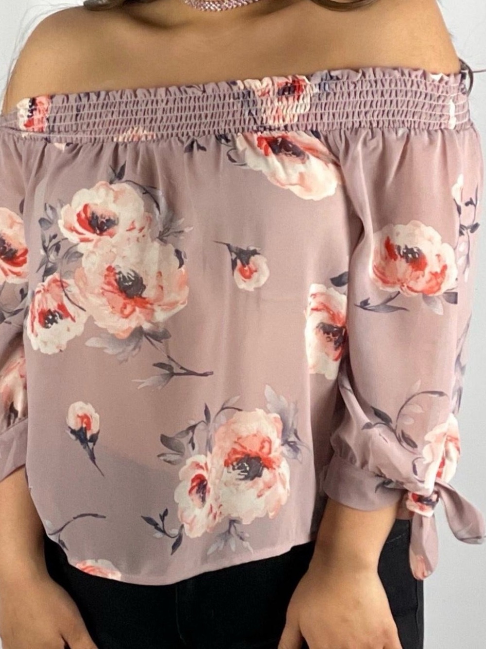 Women’s Off-Shoulder Floral Blouse in Dusty Mauve